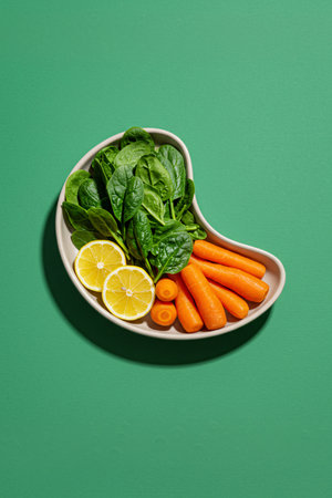Kidney-shaped plate filled with fresh spinach, carrots, and lemon slices on a green background, symbolizing healthy diet, nutrition, and kidney health care.の素材