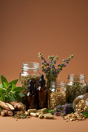 Collection of dried herbs, roots, and natural supplements stored in glass jars with fresh green leaves, capsules, and tincture bottles on a brown background, representing traditional herbal medicine and natural healthcare.の素材