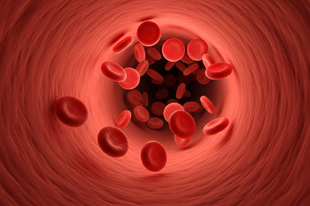 Close-up view of blood vessels with red blood cells flowing smoothly through the artery, representing the dynamics of blood circulation and cardiovascular health.の素材
