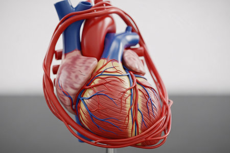 Detailed image showing the human heart and surrounding vascular network, illustrating blood flow through the arteries and veins for medical or educational purposes.の素材