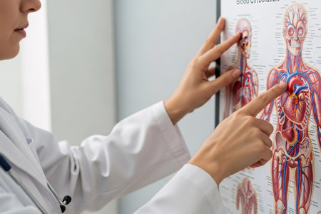 Vessel flow explained by a doctor pointing at an anatomical chart, highlighting heart and arteries to illustrate blood circulation pathways for medical education and clinical presentations.の素材
