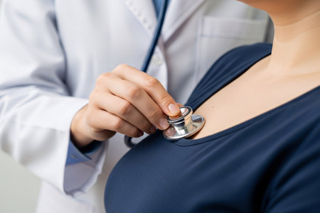 A doctor performing a chest examination with a stethoscope, focusing on listening to the heartbeat during a medical check-up.の素材