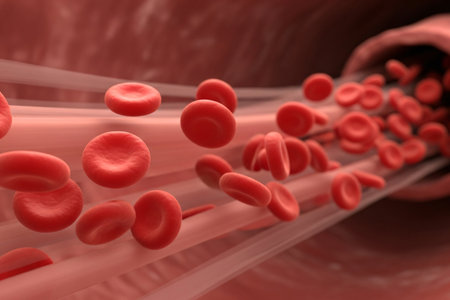 Intravenous blood flow concept depicting red blood cells traveling smoothly inside the vascular system, ideal for healthcare and biology visualization.の素材