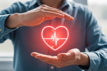 Person holding glowing heart icon with heartbeat line between hands, symbolizing healthcare, love, and cardiovascular protection for medical and wellness themes.の素材