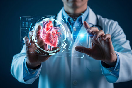 Cardiovascular technology concept showing doctor interacting with digital heart projection, symbolizing precision medicine and innovation in cardiac care.の素材