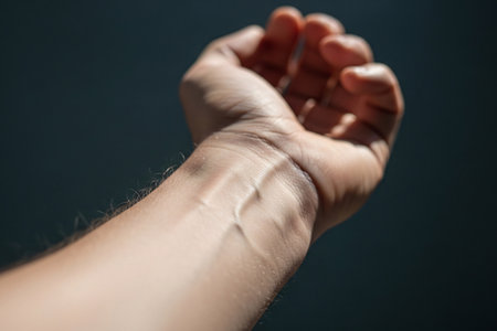 Macro shot of a human forearm and wrist with clear vein visibility, symbolizing blood flow and vascular system.の素材