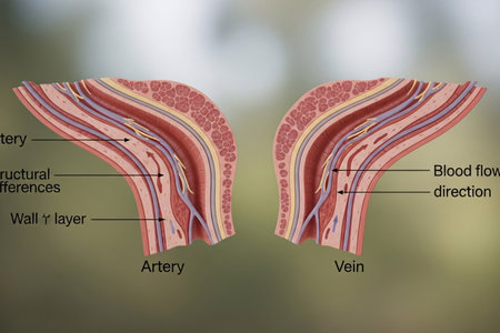 Educational anatomy image displaying human intravenous structure with detailed layers of arteries and veins, illustrating blood circulation and vessel wall composition for study use.の素材