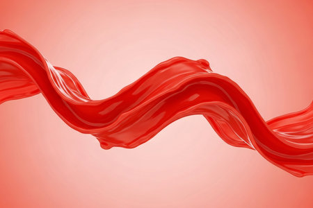 Glossy red wave pattern against a light red gradient background, expressing smooth fluid motion and vitality theme.の素材