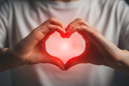 Hands forming heart symbol illuminated by glowing red light at the center expressing compassion, healthcare, and humanity for wellness and kindness visuals.の素材