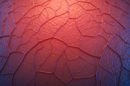 Vessel flow texture in red and blue lighting showing microscopic circulation system pattern symbolizing human biology, anatomy, and healthcare science visualization.の素材