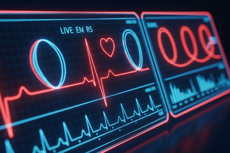 Vessel flow visualized through a digital heartbeat monitor interface displaying neon ECG lines and cardiology data ideal for medical technology themes and modern healthcare concepts.の素材