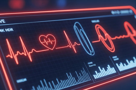 Flow vessel concept shown on a neon cardiac monitor interface combining ECG waves with high tech graphical elements for clinical and scientific illustration purposes.の素材