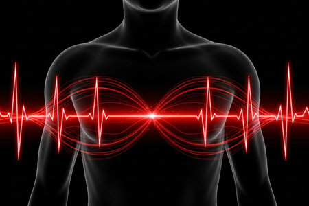 3D illustration showing human chest silhouette with glowing red ECG pulse line symbolizing heartbeat rhythm, cardiovascular system, and medical health monitoring concept.の素材