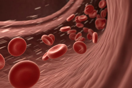 Red blood cell flow illustrated inside a microvascular channel showing the movement of erythrocytes through a textured vessel environment ideal for hematology reference and physiological depiction.の素材