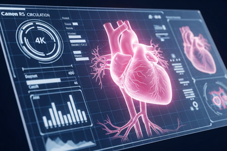Heart circulation presented within a medical interface display featuring vascular details and dynamic data elements designed for scientific and clinical content.の素材