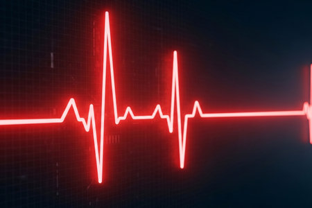 Intravenous flow illustrated as a bright neon ECG waveform displaying rhythmic heart activity on a high tech interface suitable for healthcare diagnostics and cardiology content.の素材