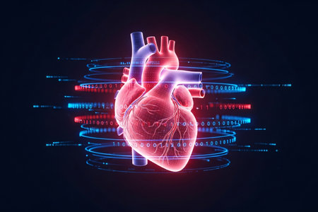 Intravenous flow shown in a futuristic heart model enveloped by spiraling binary codes and neon diagnostics reflecting precision health monitoring and digital cardiology innovation.の素材