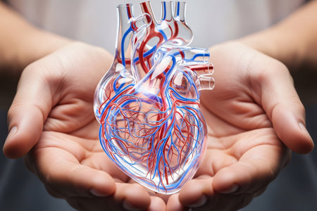 A glass-like anatomical heart model illuminated with red and blue vessels, displayed in hands to convey precision in cardiovascular study and human-centered healthcare.の素材