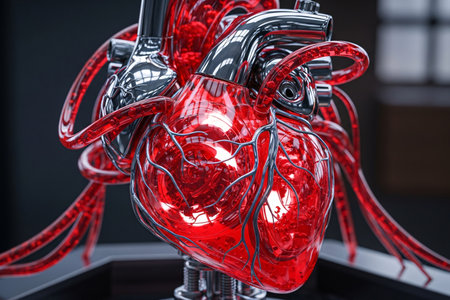 A biomechanical heart featuring a transparent structure with intricate red and blue vascular pathways, combined with polished metallic components that illustrate a futuristic fusion of anatomy and advanced circulatory technology.の素材