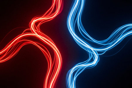 Blocked vessel red blue dynamic lines forming a bold abstract crossing pattern highlighting fluid tension contrast and energetic visual flow.の素材