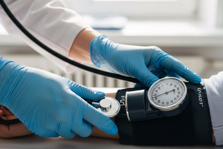 Flow intravenous arm pressure monitoring illustrating the use of a stethoscope and blood pressure cuff to evaluate circulatory condition during medical evaluation.の素材