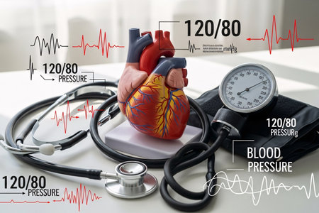 Anatomical heart model with blood pressure cuff and stethoscope, illustrating the connection between the heart and blood circulation for medical studies.の素材
