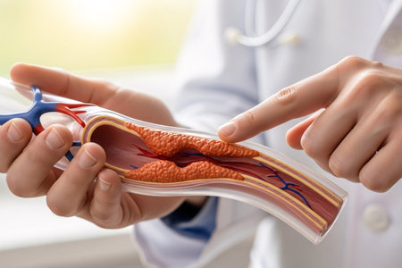 Intravenous blood flow demonstration in a blocked vessel model, highlighting artery blockage and its effects on circulation.の素材