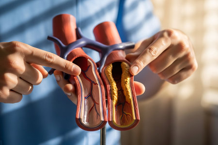 Blocked vessel model showing the blood flow obstruction due to plaque accumulation, useful for medical educational purposes.の素材