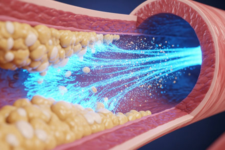 Blood flow disruption caused by fatty plaque buildup inside a blocked blood vessel, showing the physiological effects of vascular occlusion.の素材