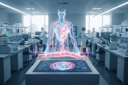 Human cardiovascular system visualized in a futuristic laboratory with digital holograms, offering an immersive depiction of blood flow, heart structure, and vascular networks.の素材