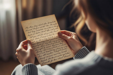 Valentine letter filled with heartfelt words being read by a sweetheart in a warm atmosphere perfect for anniversary themes.の素材