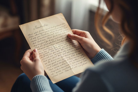 Handwritten letter being re read in a cozy antique room conveying feelings of longing and remembrance through aged paper textures.の素材