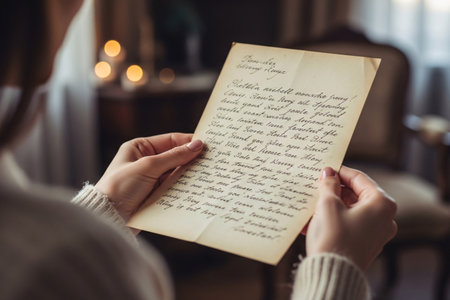 Antique love message written on crinkled paper held by delicate hands representing a declaration of eternal love and courtship.の素材
