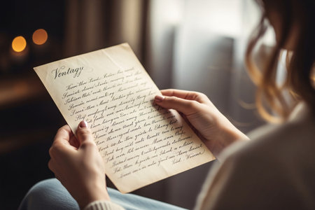Vintage love letter held by woman hands showing elegant cursive handwriting and deep sentimental emotion for nostalgic romance concepts.の素材