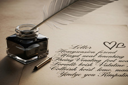 Elegant cursive script written on aged parchment conveys a timeless story of affection supported by classic writing accessories.の素材