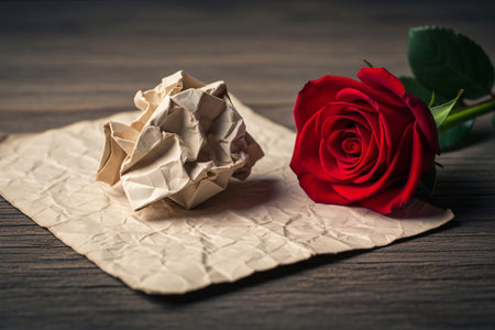 Red rose beside old fashioned stationery creating a scene of emotional depth and romantic declaration suitable for holiday backgrounds.の素材