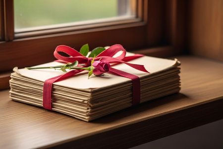Stack of vintage love letters tied with ribbon rests on wood symbolizing cherished romantic memories and enduring sentiment.の素材