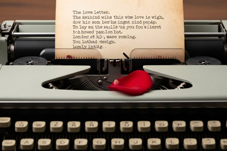Old fashioned typewriter features a delicate flower petal symbolizing deep affection and the timeless nature of traditional correspondence.の素材