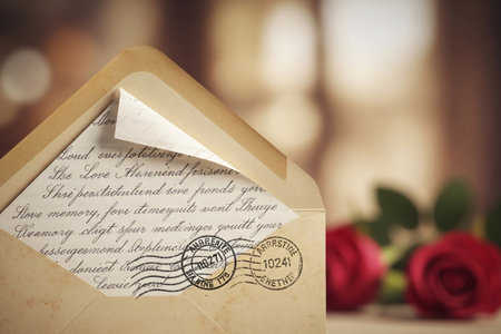 Retro mail with a faded postmark and a hidden message inside represents a private communication of deep longing and emotion.の素材