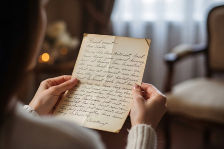 Romantic correspondence featuring a woman holding an old message of love symbolizing enduring affection and cherished memories.の素材