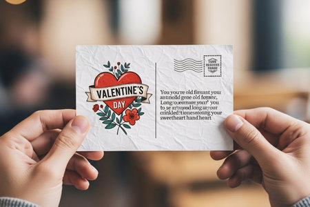 Vintage valentine card being read carefully shows a graphic design that represents timeless affection and emotional declaration.の素材