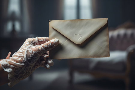 Vintage letter held by a hand in a lace glove conveys deep romantic emotion and the remembrance of a past love story.の素材