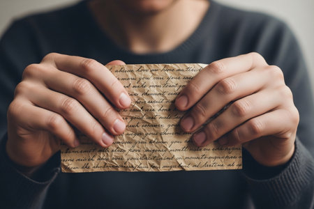 Emotional hands clutching vintage love correspondence symbolize the pain of longing and the nostalgia for a past relationship.の素材