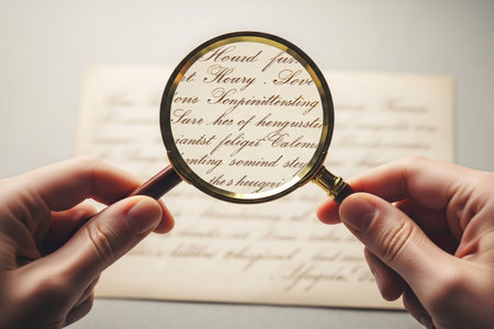 Antique love letter inspection using a glass lens to reveal faded handwriting and romantic declarations preserved on weathered paper.の素材
