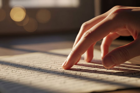 Hands gliding over cursive romantic correspondence emphasize the intimate act of revisiting a declaration of love and courtship.の素材