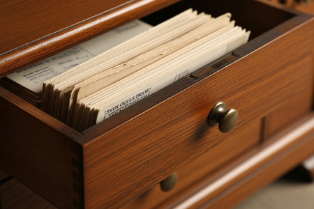 Antique wooden drawer slightly ajar showing a collection of aged love letters and postcards symbolizing hidden romantic memories and past affection.の素材