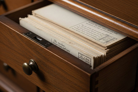 Old fashioned chest drawer containing neatly stacked correspondence and vintage postcards representing a nostalgic journey of deep romantic longing.の素材
