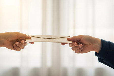 Hands exchanging a sealed vintage love letter envelope conveys the intimate beginning of courtship and a secret romantic message.の素材