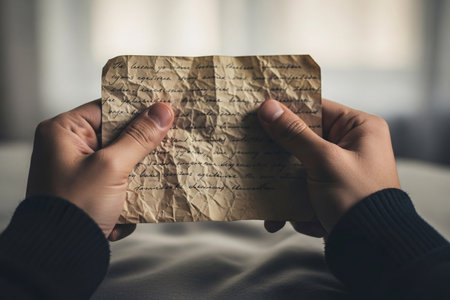 Letter of remembrance held by sorrowful hands illustrates the melancholy and deep emotional connection tied to the written declaration.の素材