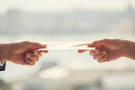 Valentine message passed between two hands symbolizes the delicate moment of receiving an important declaration of affection.の素材